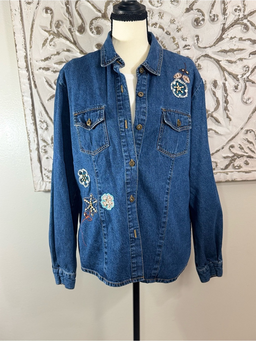 Vintage Denim Button Front Shirt Jacket Beaded Embroidered Top Size L
